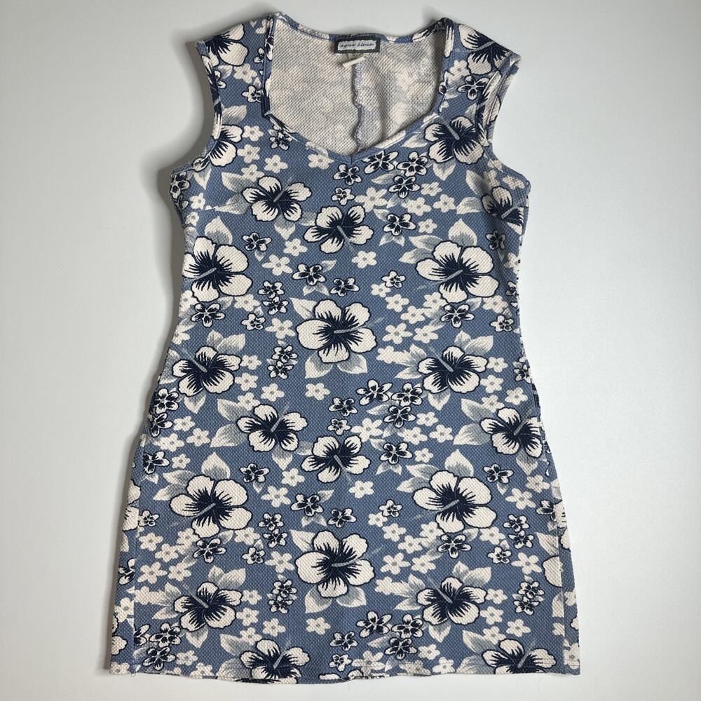 Y2K Aqua Blues Hawaiian Floral Mini Dress M Blue Hibiscus Grunge Tropical 90s